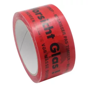   Figyelmeztető szalag, pvc, piros szín, caution glass felirattal, tekercs szélesség x hosszúság 50 mm x 66 m, 36 tekercses csomag