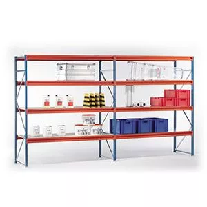 Széles fesztávolságú polcrendszer, alsó rész, 4 szint, farostlemez padlóval, polcterhelés 1050 kg, széxméxma 2500x800x2500 mm, kék oszlopok, narancssárga oszlopok