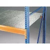 Széles fesztávolságú polcrendszer, alsó rész, 4 szint, farostlemez padlóval, polcterhelés 1050 kg, széxméxma 2500x800x2500 mm, kék oszlopok, narancssárga oszlopok