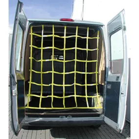   Hevederből készült biztonsági háló, hxsz 1650x1400 mm, 6x7 panel, 4 laza vég karabínerrel, racsni 750 dan, kék