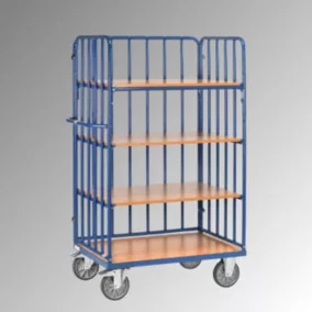  Többszintes kocsi, 3 fal függőleges merevítőkkel, 4 rakodófelület hxszx1000x600 mm, külső méretek hxszxm 1169x630x1800 mm, teherbírás 600 kg, ral 5007 ragyogó kék