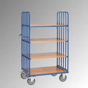   Többszintes kocsi, 2 fal függőleges merevítőkkel, 4 rakodófelület hxszx1000x600 mm, külső méretek hxszxm 1169x609x1800 mm, teherbírás 600 kg, ral 5007 ragyogó kék