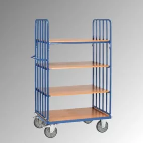   Többszintes kocsi, 2 oldalfal függőleges merevítőkkel, 4 rakodófelület hxsz 1200x800 mm, külső méretek hxszxm 1369x809x1800 mm, teherbírás 600 kg, ral 5007 ragyogó kék