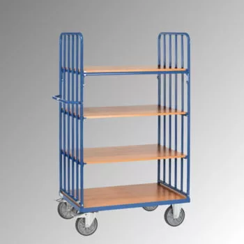 Többszintes kocsi, 2 oldalfal függőleges merevítőkkel, 4 rakodófelület hxsz 1200x800 mm, külső méretek hxszxm 1369x809x1800 mm, teherbírás 600 kg, ral 5007 ragyogó kék
