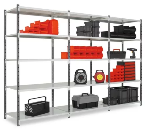 Többcélú, csavarmentes polcrendszer, csavarmentes polcrendszer, 6 csőacél polc, alsó rész, polcterhelés 122 kg, széxméxma 1250x300x2500 mm, tartók ral 7024 grafitszürke, polcok ral 7035 világosszürke