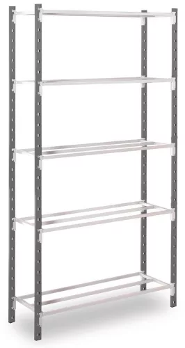 Többcélú, csavarmentes polcrendszer, csavarmentes polcrendszer, 7 csőacél polc, alsó rész, polcterhelés 115 kg, széxméxma 1250x400x2750 mm, tartók ral 7024 grafitszürke, polcok ral 7035 világosszürke