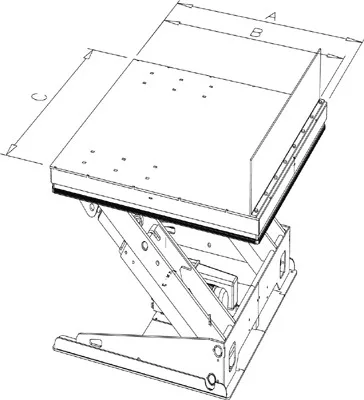 Emelő-billentő eszköz, teherbírás 1500 kg, u alakú asztallap hxsz 1200x1050 mm, effektív löket 820 mm, magasság 6 mm, motor 400 v / 0,75 kw