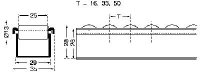 Görgős sorok, 30x35,5x30 mm profil, horganyzott, műanyag görgő peremmel, átmérő. 30/44 mm, teherbírás 12 kg/görgő, középtávolság 50 mm