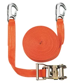   Kétrészes rögzítőpánt, karabínerrel, 2000 dan megengedett szakítóerő a heveder kerületén és szélességében. 35 mm, 4 m hosszú, narancssárga színű, 2 csík, 2 darabos csomag