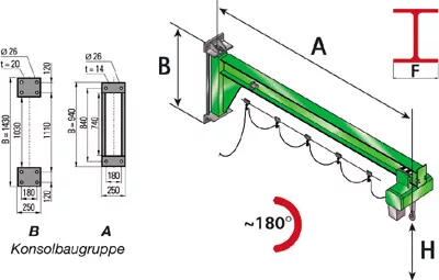 Falra szerelt forgódaru, elektromos láncos emelő nélkül, teherbírás 125 kg, a konzol szerelvény, fordulási tartomány 180 fok, kinyúlás 3000 mm,