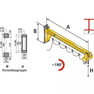 Falra szerelt forgódaru, elektromos láncos emelő nélkül, teherbírás 125 kg, a konzol szerelvény, fordulási tartomány 180 fok, kinyúlás 3000 mm,