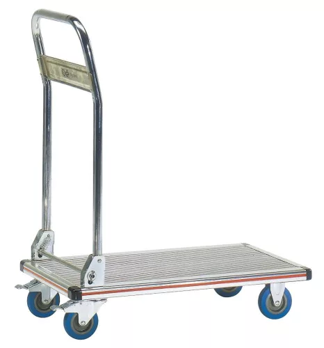 Alumínium platformkocsi, 2 forgó és 2 fix görgővel, tömörgumi kerekekkel, rakodófelülettel. 740x480 mm, széxhxm 495x760x120/860 mm