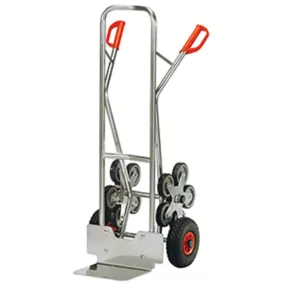   Alumínium lépcsőjáró molnárkocsi, lapáttal, szélesség x mélység 320x250 mm, magasság x szélesség 1300x590 mm, teherbírás 200 kg, pneumatikus gumik 260x85 mm + 2 ötkarú csillagkerék