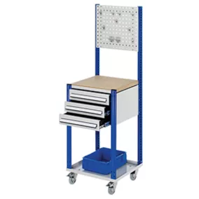   Mobil munkaállomás, bükk multiplex munkalap, perforált panel, 3 fiók, egyenként 100 mm magas, széxméxma 500x500x1730 mm, ral 7035/5010