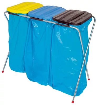 Szemeteszsák-tartó állvány 3x70 literes szemeteszsákhoz, szorítógyűrűvel, fix, műanyag fedéllel (1 db fekete, sárga és kék), széxméxma 960x410x810 mm