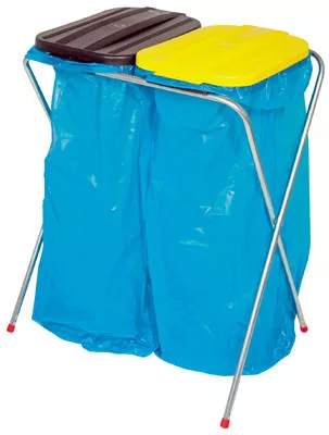 Szemeteszsák-tartó állvány 2 db 120 literes szemeteszsákhoz, szorítógyűrűvel, fix, műanyag fedéllel (1 db fekete és 1 db sárga), széxméxma 660x410x810 mm