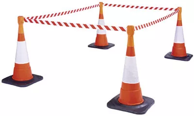 Figyelmeztető kúp rögzítés kültéri használatra, tensacone modell, narancssárga ház, szalaghossz 3,65 m, szalagszín piros/fehér átlósan