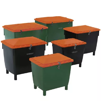 Hdpe-ből készült univerzális és homokzsákok, zöld test, narancssárga fedél, zárható, kihúzónyílás nélkül, gyűjtőtérrel. 210 l, szé x mé x ma 790x605x775 mm