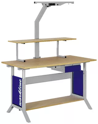 Munkaállomás-rendszer, bükk multiplex lap 25 mm, széxméxma 1500x750x735-1100 mm, 1 szerelőkeret, 3 fiók, hajtókaronként, ral 7035/5013