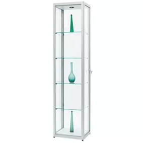   Szabadon álló vitrin dupla ajtókkal, széxméxma 500x500x2000 mm, 4 üvegpolc, alumínium ezüst, világítással együtt