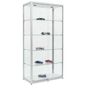   Szabadon álló vitrin tolóajtókkal, széxméxma 1000x500x2000 mm, 4 üvegpolc, alumínium ezüst, világítással együtt