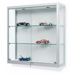   Fali vitrin tolóajtókkal, széxméxma 1000x300x1000 mm, 2 üvegpolc, alumínium ezüst, világítással együtt