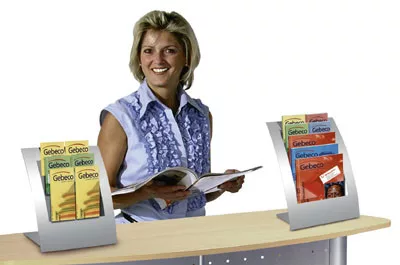 Asztali brosúratartó, 3 rekesszel din a4, din a5, din hosszú, töltési mélység 28 mm, széxméxma 320x240x320 mm, alumínium ezüst