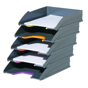   Irattálcák, szürke/antracit színű, különböző színű fogantyúkkal, egymásra rakható, 5 db-os csomag