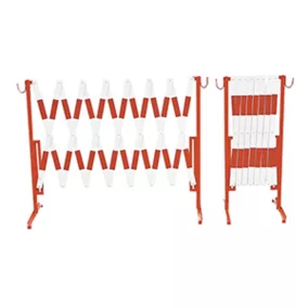   Ollós sorompó, fehér, piros fényvisszaverő csíkokkal, acélcső állvány, 25/4 mm-es lapos acélrudak, 1000 mm magas, 3600 mm-ig kihúzható