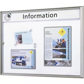   Vitrin, széxméxma 380x27x500 mm, din a3 álló, alumínium profilok, edzett üveg, kék hátlap, 10 mágnessel + 1 zsebbel