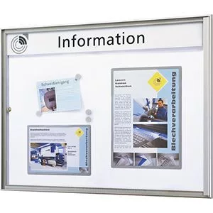 Vitrin, széxméxma 500x27x380 mm, din a3 fekvő, alumínium profilok, edzett üveg, kék hátlap, 10 mágnessel + 1 zsebbel