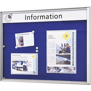 Vitrin, szé x mé x ma 500x27x760 mm, din a2 álló, alumínium profilok, edzett üveg, kék hátlap, 10 mágnessel + 1 zsebbel