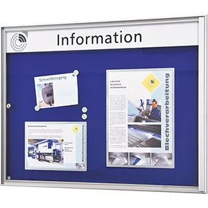 Vitrin, szé x mé x ma 985x27x760 mm, din a1 fekvő, alumínium profilok, edzett üveg, kék hátlap, 10 mágnessel + 1 zsebbel