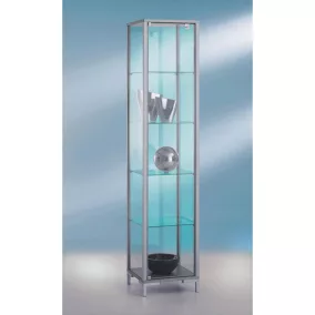   Álló vitrin, széxméxma 400x400x1860 mm, alumínium profilok, 4 üvegpolc, csuklós ajtók, ezüst lábak