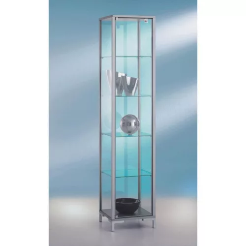 Álló vitrin, széxméxma 1500x400x1860 mm, alumínium profilok, 3 üvegpolc, tolóajtók, ezüst lábak