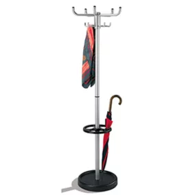   Kabáttartó, átmérő x magasság 450 x 1750 mm, forgatható akasztókorona, 2 x 5 kabátakasztó, esernyőtartó, alumínium ezüst/fekete