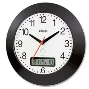   Rádióvezérelt falióra dátummal, 300 mm átmérőjű, fekete műanyag ház, fehér számlap, arab számok