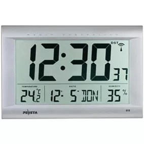   Lcd rádióvezérelt digitális óra, széxméxma 410x43x270 mm, matt ezüst műanyag ház
