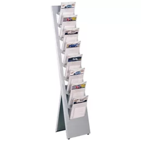   Brosúraállvány, max. 8 rekeszes din a4, szé x mé x ma 320x420x1500 mm, ferde acél szerkezet, alumínium ezüst