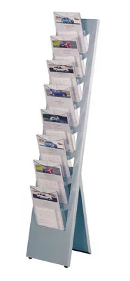 Brosúraállvány, max. 8 rekeszes din a4, szé x mé x ma 320x420x1500 mm, ferde acél szerkezet, alumínium ezüst