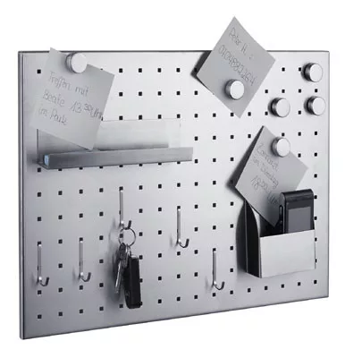 Mágneses tábla rozsdamentes acélból, szélesség x mélység x magasság 500x10x350 mm, perforált, tartozékokkal együtt