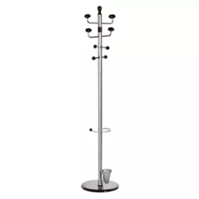   Kabáttartó, átmérő x magasság 380 x 1800 mm, 4 kalap- és 4 kabátakasztó, fekete, esernyőtartó, fémből, márvány talppal, ezüst