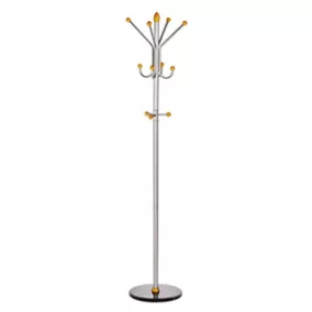   Kabáttartó, átmérő x magasság 400 x 1850 mm, 4 kalaptartó + 4 kabáttartó akasztó, 3 kiegészítőtartó akasztó, fémből, márvány talppal, ezüst színű