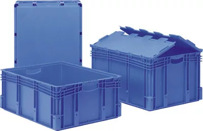 Euronorm újrafelhasználható tartók, fedéllel, standard talppal, teherbírás 60 kg, űrtartalom 49 l, hxszxm kívül/belül 800x600x138/762x562x115 mm, kék színű