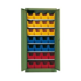   Kétajtós szekrény, széxméxma 950x420x1950 mm, ral 5007 ragyogó kék, polcterhelés 80 kg, 8xgr. dobozokkal. 3 piros, 8xgr. 3 kék, 12xgr. 3 sárga