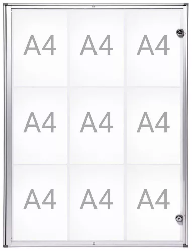 Vitrin, széxméxma 710x31x951 mm, 9xdin a4, alumínium profilok, műanyag üveg, 2 cilinderzár