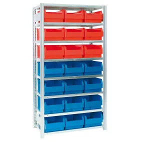   Csavarmentes polcrendszer nyitott elejű tárolórekeszekkel, alap rész, széxméxma 875x400x2000 mm, 10 polc, 40 rekesz méretű. 4 sz x m x ma 200x350x150 mm