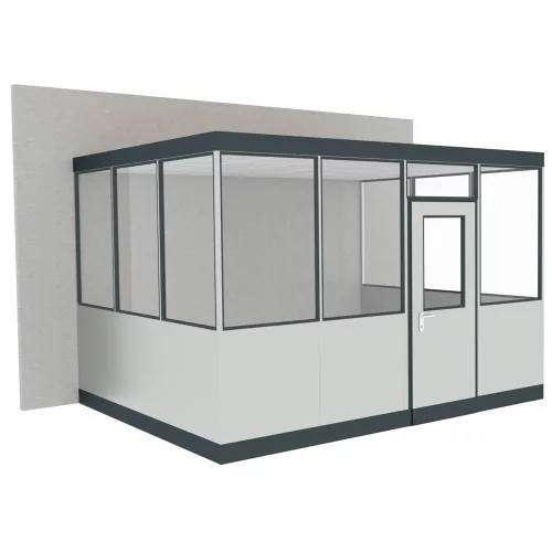 Csarnok iroda, 3 oldalas, épületfalra szerelhető, lábazat nélkül, 2 lámpával, széxméxma 3045x3050x2630 mm, ral 9002 szürkésfehér, keret ral 7016 antracit