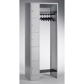   5 fős ruhafogas rendszer, 1x5 rekesz, rekesz szélessége (belső) 190 mm, széxméxma 740x480x1950 mm, ral 7035