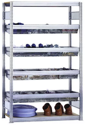 Apróalkatrész polc dróttálcákkal, alsó rész, széxméxma 875x400x2000 mm, 4 szint hálós tálcákkal, 2 szint farostlemez padlóval, polcterhelés 250 kg